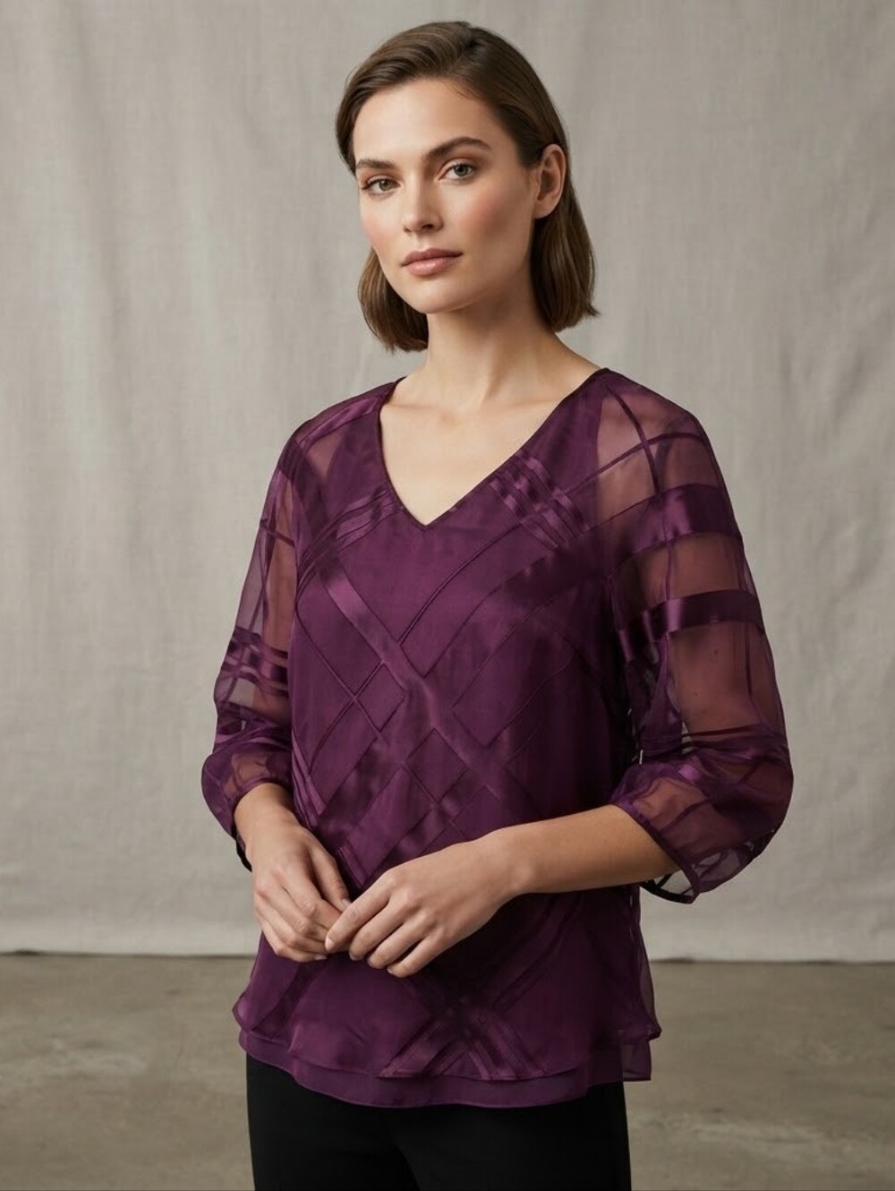 White House Black Market Plum Sheer V-Neck Blouse